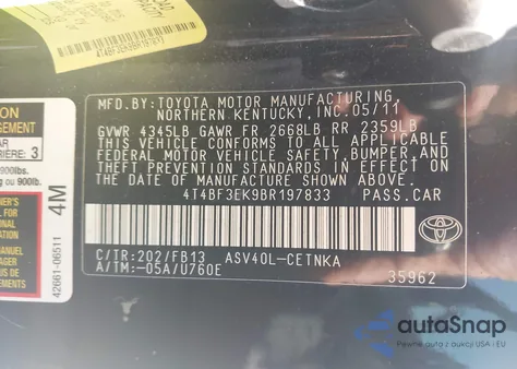 2011 Toyota Camry Le z USA, uszkodzony, nr VIN 4T4BF3EK9BR197833